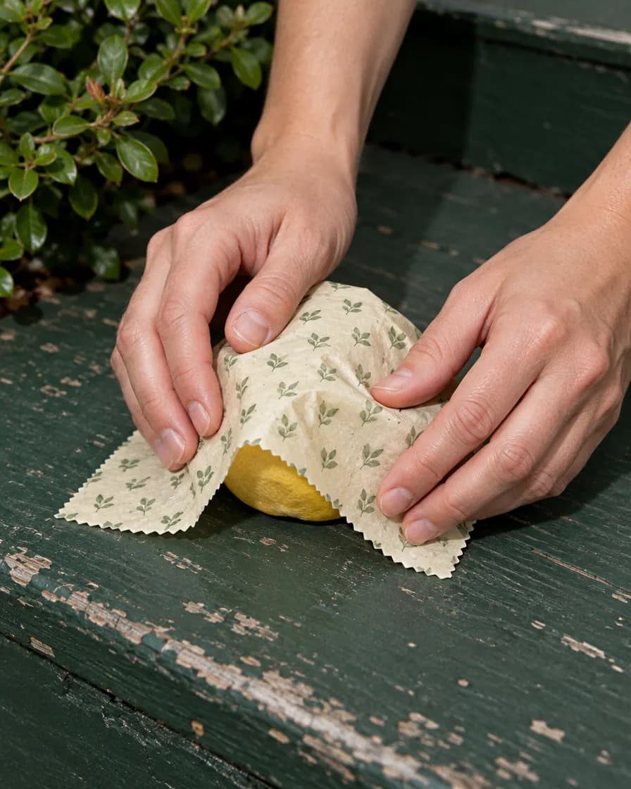 Two hands pressing a leaf-print wrap around half a lemon
