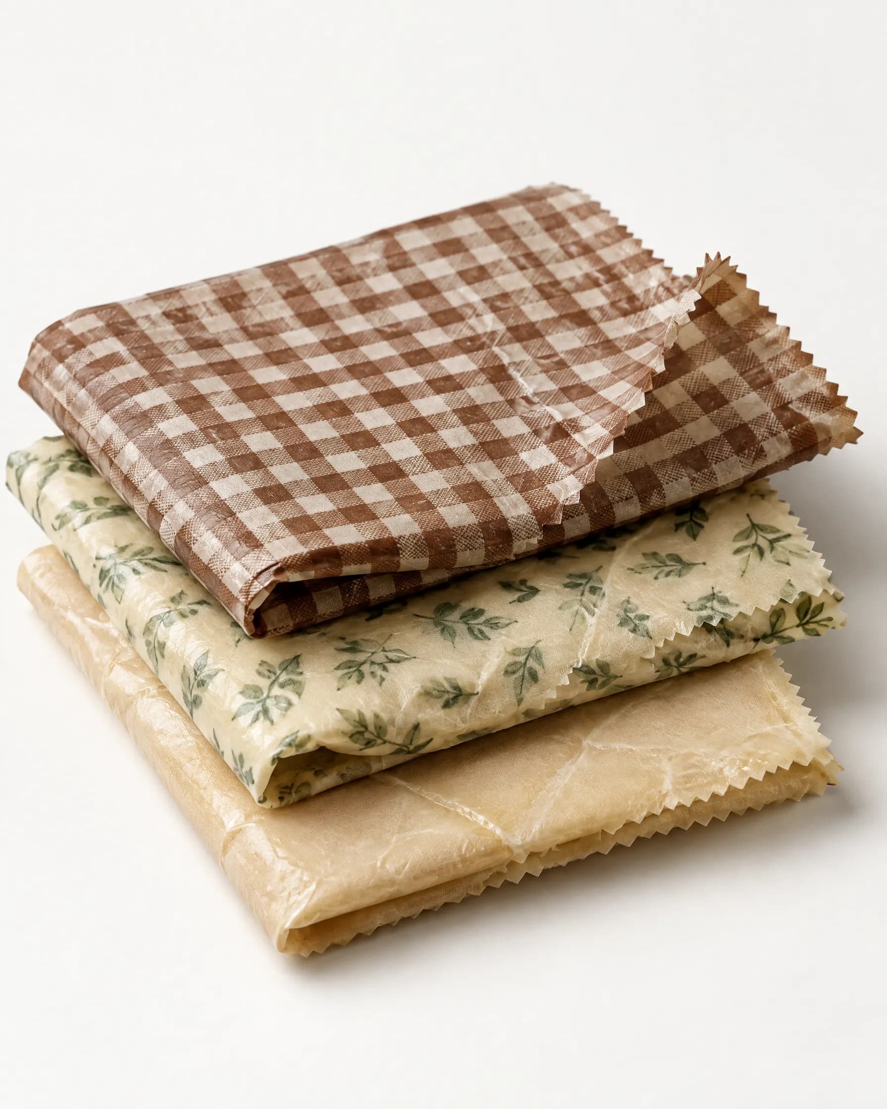Three folded beeswax wraps stacked: undyed, leaf print and brown gingham
