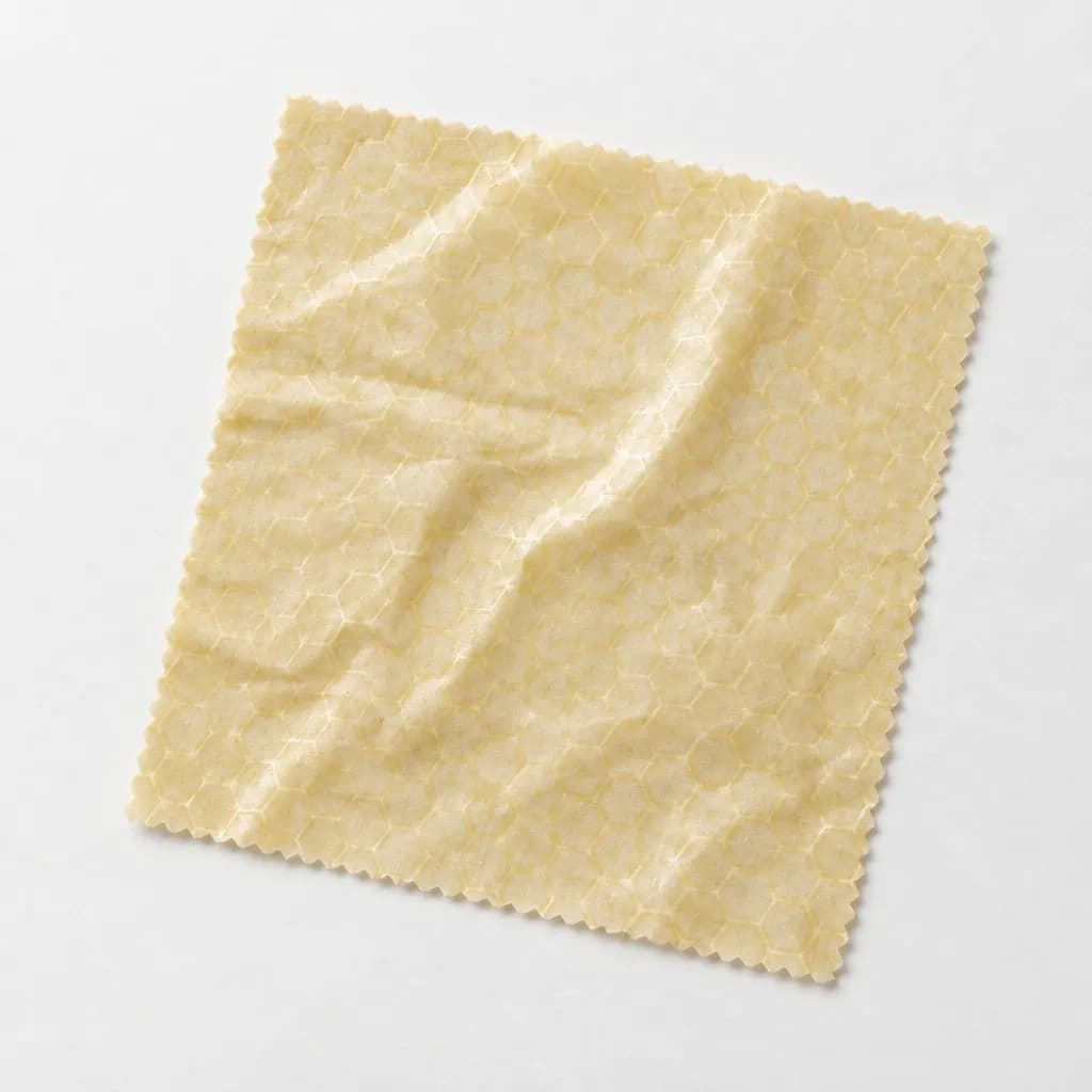 A single undyed beeswax wrap with a faint honeycomb texture, lying flat on pale paper